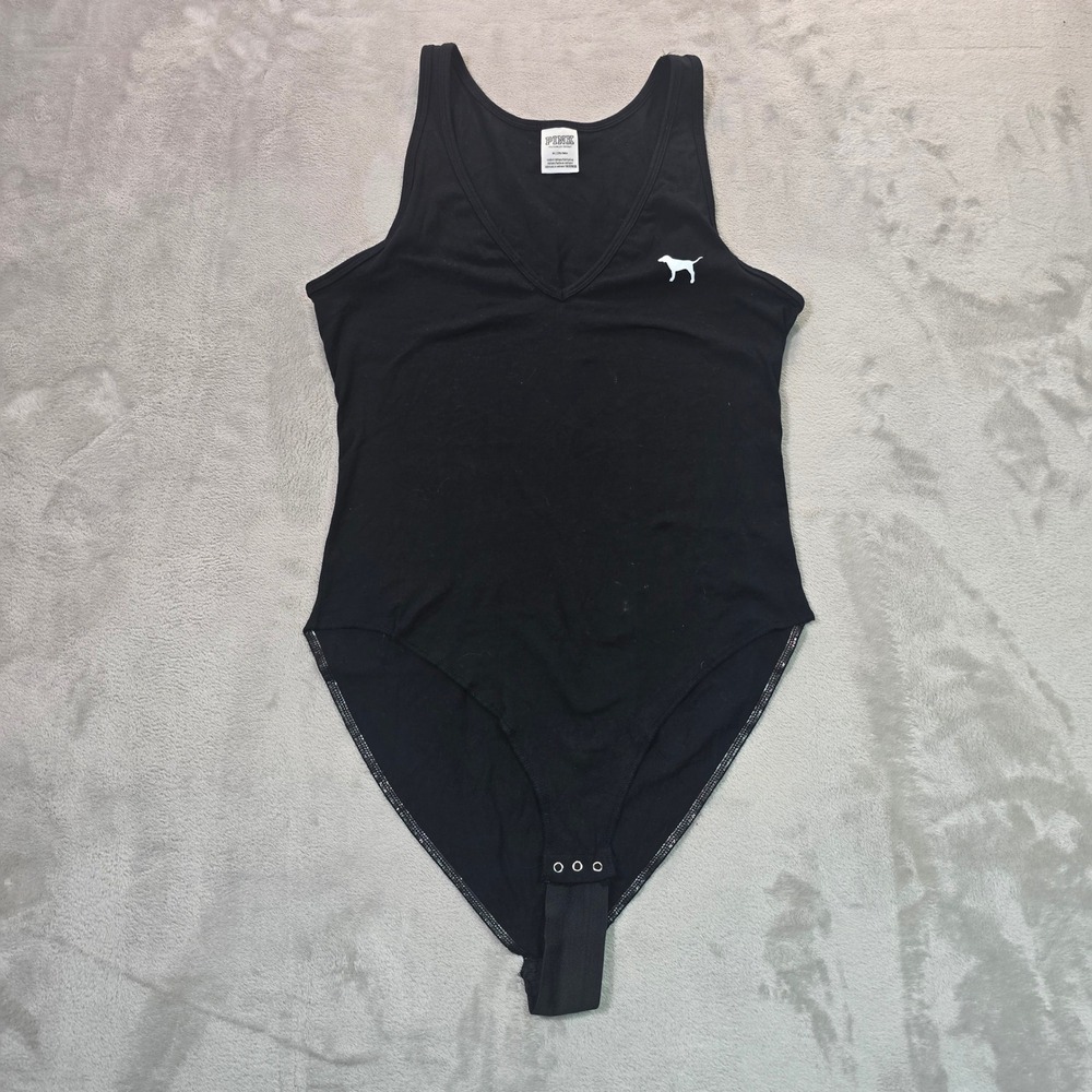 Pink Victoria's Secret Black V-Neck Sleeveless Bodysuit Dog Logo Medium
